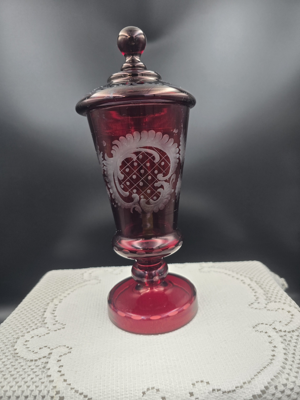 Ruby Red Etched Glass Covered Goblet - Decorative Home Art